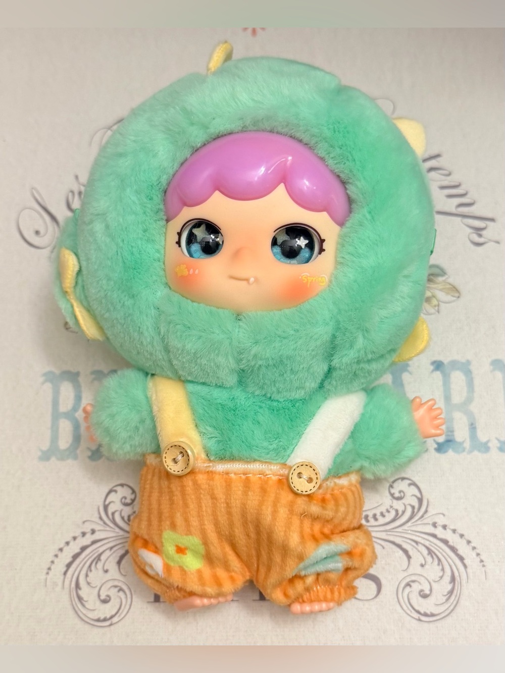 Mint Plush Doll with Pink Hair and Orange Overalls